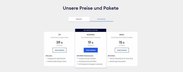 ÃÂbersicht der monatlichen Preise für die Verwaltung eines Onlineshops bei Jimdo. Unserer Jimdo Erfahrungen nach sind die Basic Shop-Funktionen vorhanden.
