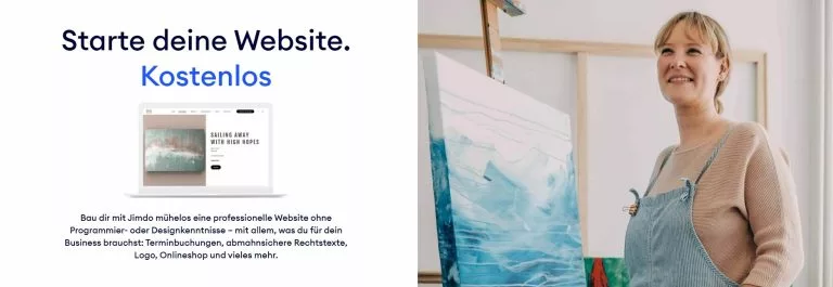 Screenshot der Jimdo Website mit dem Versprechen, eine Website kostenlos zu starten. Unseren Jimdo Erfahrungen nach eignet sich der kostenlose Tarif wunderbar, um das System zu testen.