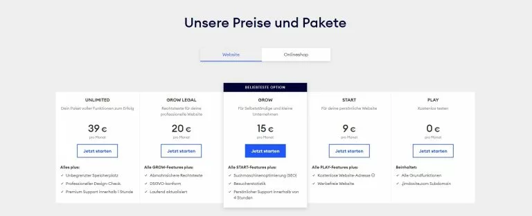 Ãbersicht über die monatlichen Preise der Jimdo Tarife im Screenshot. Unsere Jimdo Erfahrungen sind positiv, auch wenn Jimdo nicht der günstigste Website Baukasten ist.