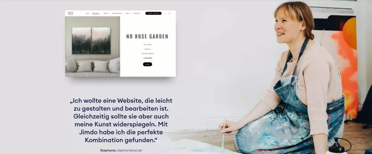 Screenshot eines Zitats auf der Jimdo Website. Die Jimdo Erfahrungen von Stephanie sind sehr positiv. Sie sagt: