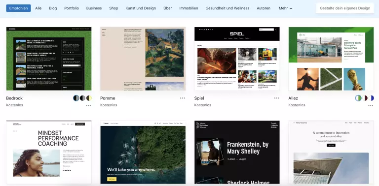 Screenshot der Themes-Vielfalt von der Website von Wordpress. Unseren Wordpress Erfahrungen nach sind die Vorlagen umfangreich und mobil optimiert.