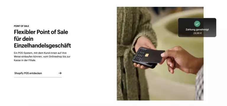 Screenshot der Shopify Website mit dem Angebot eines Shopify POS. Unseren Shopify Erfahrungen nach bietet das Unternehmen umfangreiche Bonus-Funktionen.