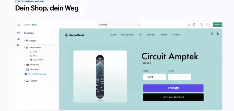 Screenshot der Shopify Website mit dem Shopify Editor. Unserer Shopify Erfahrungen nach ist die Usability hervorragend.