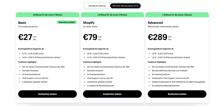 Screenshot der Shopify Website mit der PreisÃÂübersicht. Die Preise sind unseren Shopify Erfahrungen nach transparent dargestellt.
