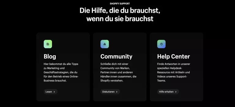 Screenshot der Shopify Website mit dem Support-Angebot. Der Kundendienst könnte unseren Shopify Erfahrungen nach mehr Live-Optionen enthalten.