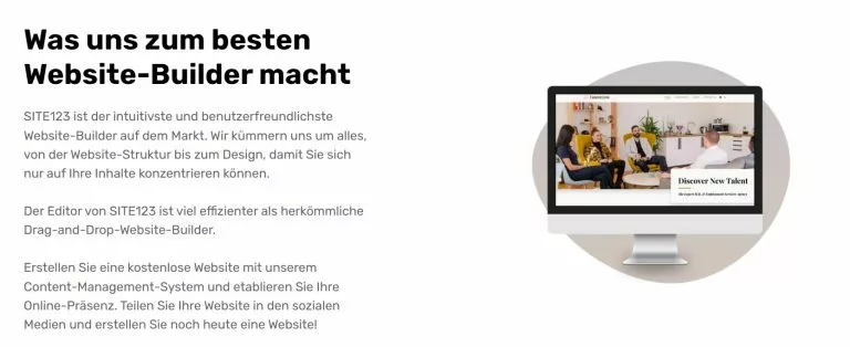 Screenshot der site123 Website mit der Erläuterung, warum site123 der beste Website Builder ist. Unseren site123 Erfahrungen nach hat der Anbieter ein intuitives System entwickelt.