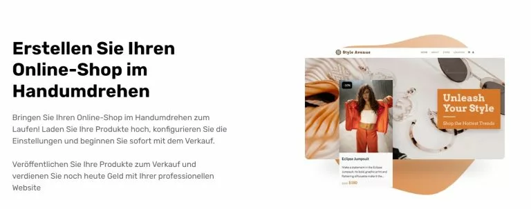 Screenshot der Site123 Website mit dem Versprechen einen Onlineshop im Handumdrehen zu gestalten. Die E-Commerce-Funktionen sind nach unseren Erfahrungen für einen Baukasten sehr gut.