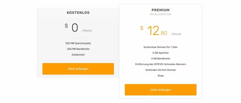 Screenshot der site123 Website mit den beiden Preisangeboten. Unseren site123 Erfahrungen nach ist die Preisgestaltung durch versteckte Tarife ein wenig kompliziert.