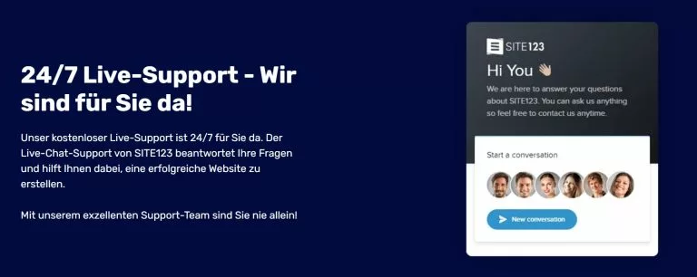 Screenshot der site123 Website mit dem Versprechen eines 24/7 Live-Support. Nach unseren site123 Erfahrungen sollte man Englisch sprechen kÃÂönnen, um schnell und effektiv Hilfe zu erhalten.