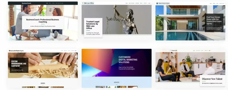 Screenshot der site123 Website mit unterschiedlichen Vorlagen als Beispiele. Die site123 Erfahrungen hinsichtlich der Nutzerfreundlichkeit sind gut.