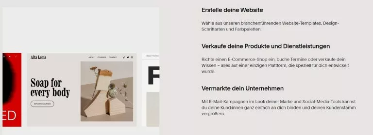 Screenshot der Squarespace Website mit dem Leistungsspektrum. Hinsichtlich der Funktionen sind die Squarespace Erfahrungen gut.