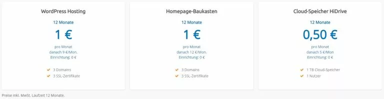 Screenshot der STRATO Website mit den unterschiedlichen Preisen. Die Preisgestaltung ist unseren Strato Erfahrungen nach transparent.