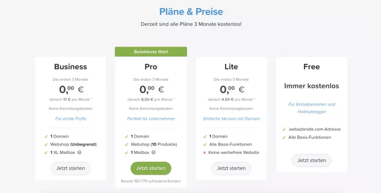 Screenshot der Webador Website mit der PreisÃÂübersicht. Unseren Webador Erfahrungen nach sind die Preise transparent dargestellt.