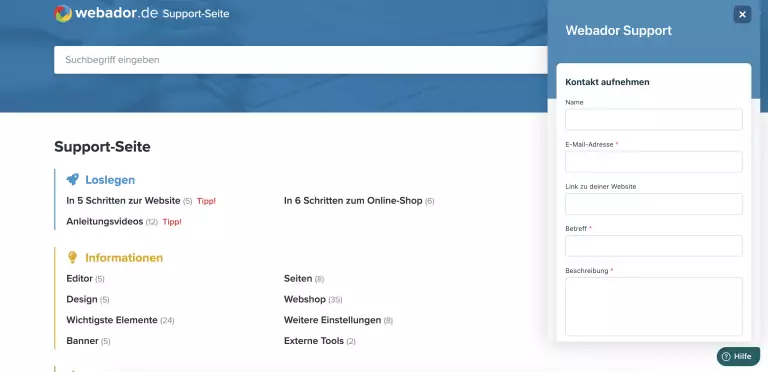 Screenshot der Support Website von Webador. Der Kundendienst ist unserer Webador Erfahrung nach ausbaufÃÂähig.