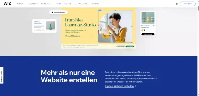 Screenshot der Startseite von Wix. Die Wix Erfahrungen hinsichtlich des Funktionsumfang sind gut.