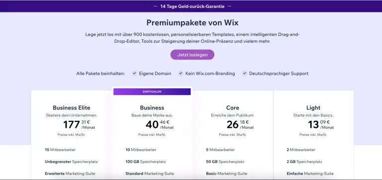 Screenshot der Preisgestaltung von Wix. Unserer Wix Erfahrung nach sind die Preise transparent dargestellt.
