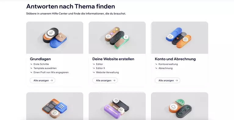 Screenshot des Hilfe-Centers von Wix. Die Wix Erfahrungen hinsichtlich des Supports sind gut.
