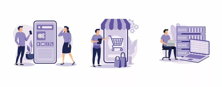 einkaufsprozess in bilder Mobile Anwendungsentwicklung, E-Commerce-App, Big Data Management Software, UI und UX Design. Set flache Vektor moderne Illustration