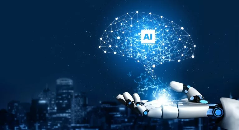 KI robot ,mit dem Hand und ÃÂberschrift AI