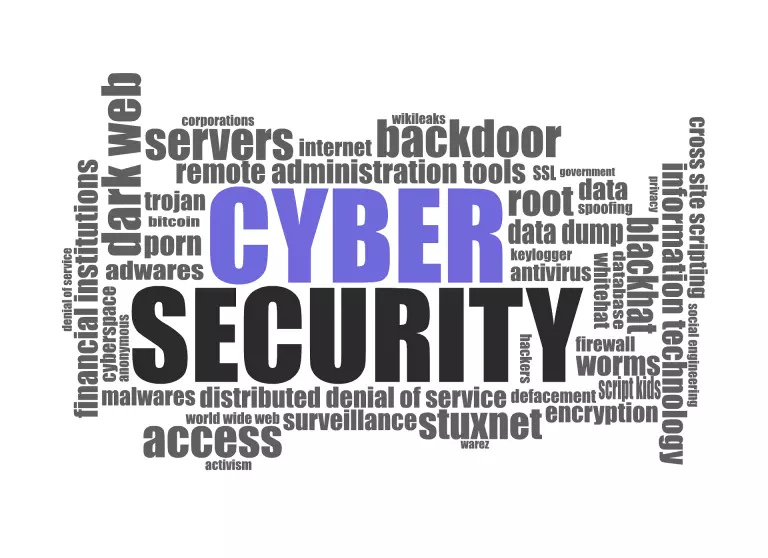 Das Bild zeigt eine Wortwolke zum Thema Cyber-Sicherheit. In der Mitte sind die Wörter