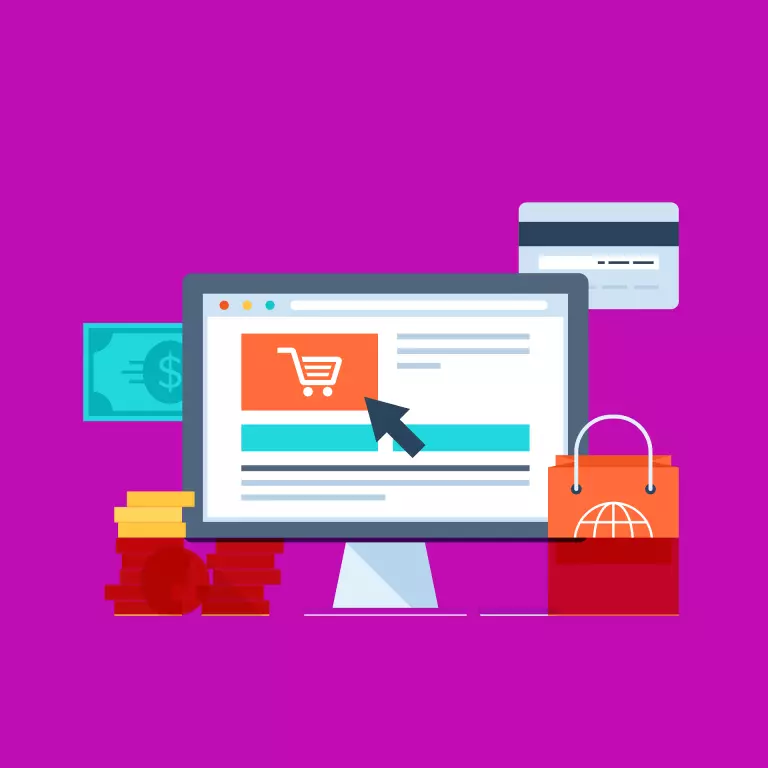 Ein Bild einer Illustration, die das Konzept des Online-Shoppings darstellt. Ein Computerbildschirm zeigt eine Webseite mit einem Einkaufswagensymbol und einem Mauszeiger. Im Hintergrund sind eine Kreditkarte, Geldscheine, Münzen und eine Einkaufstasche zu sehen, die verschiedene Zahlungsmethoden und den Kaufprozess symbolisieren.