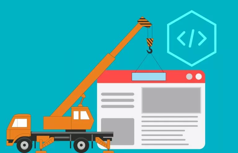 Das Bild zeigt eine Illustration, in der ein Kran eine Webseite baut. Der Kran hebt ein Element in die Webseite ein, die wie ein Browserfenster mit roten und grauen Bereichen gestaltet ist. Im Hintergrund befindet sich ein Icon mit einem Code-Symbol, das Programmierung darstellt. Der Kran und die Webseite symbolisieren den Aufbau oder die Entwicklung einer Website.