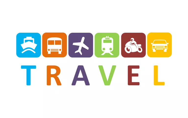 Die Welt TRAVEL ist durchbuchstabiert. Ãber dem Wort befinden sich Symbole fÃ¼r verschiedene Verkehrsmittel.