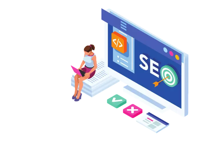 Eine Frau sitzt und arbeitet an SEO